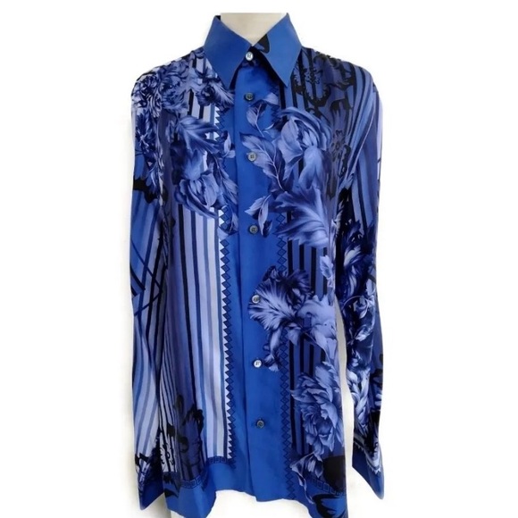 Versace Silk Men's Blue Floral Button-Up Shirt Size L - Picture 1 of 1